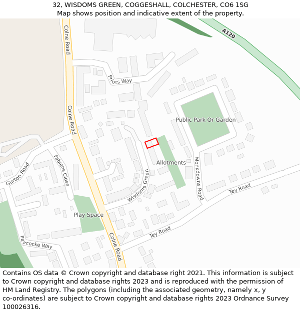 32, WISDOMS GREEN, COGGESHALL, COLCHESTER, CO6 1SG: Location map and indicative extent of plot