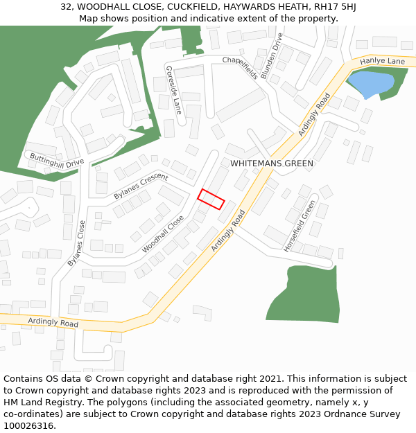 32, WOODHALL CLOSE, CUCKFIELD, HAYWARDS HEATH, RH17 5HJ: Location map and indicative extent of plot