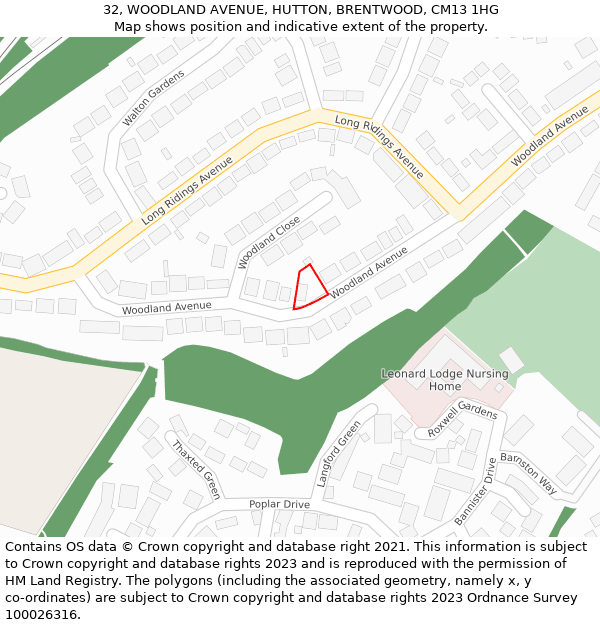 32, WOODLAND AVENUE, HUTTON, BRENTWOOD, CM13 1HG: Location map and indicative extent of plot