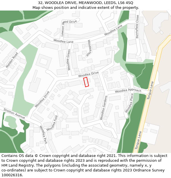 32, WOODLEA DRIVE, MEANWOOD, LEEDS, LS6 4SQ: Location map and indicative extent of plot