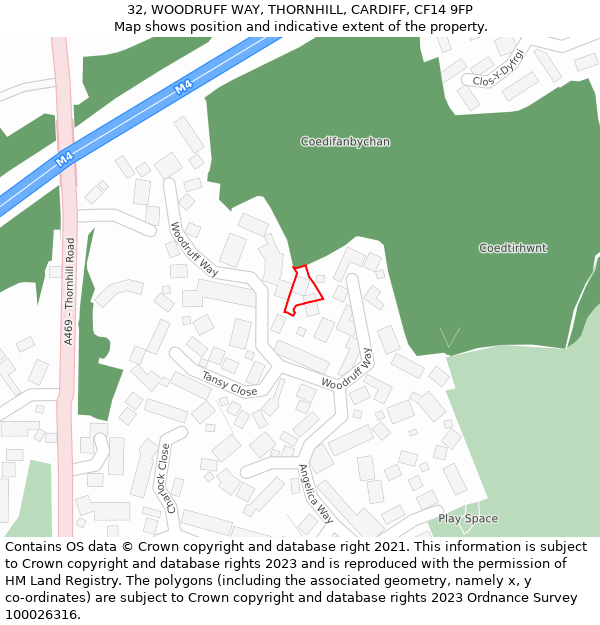 32, WOODRUFF WAY, THORNHILL, CARDIFF, CF14 9FP: Location map and indicative extent of plot