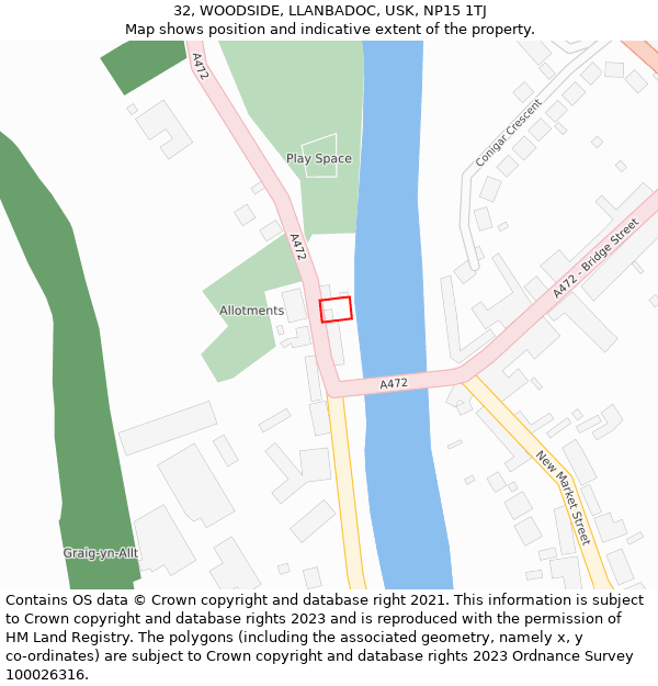 32, WOODSIDE, LLANBADOC, USK, NP15 1TJ: Location map and indicative extent of plot