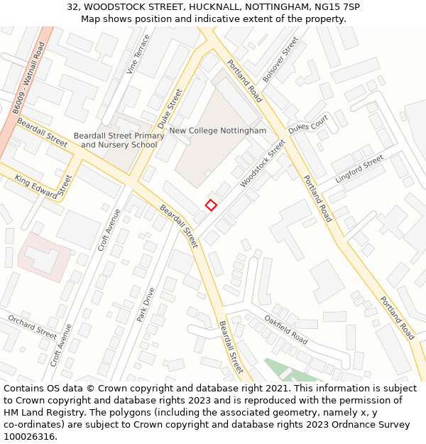 32, WOODSTOCK STREET, HUCKNALL, NOTTINGHAM, NG15 7SP: Location map and indicative extent of plot