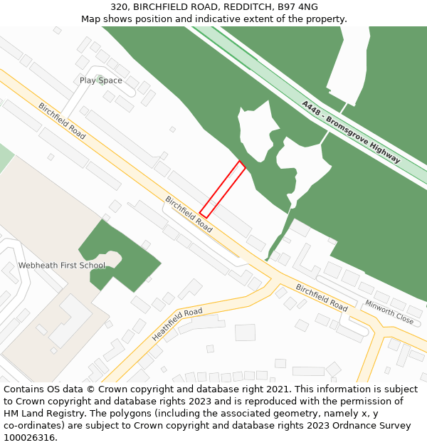320, BIRCHFIELD ROAD, REDDITCH, B97 4NG: Location map and indicative extent of plot