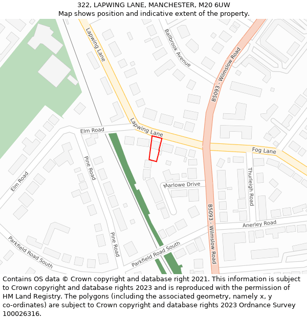 322, LAPWING LANE, MANCHESTER, M20 6UW: Location map and indicative extent of plot