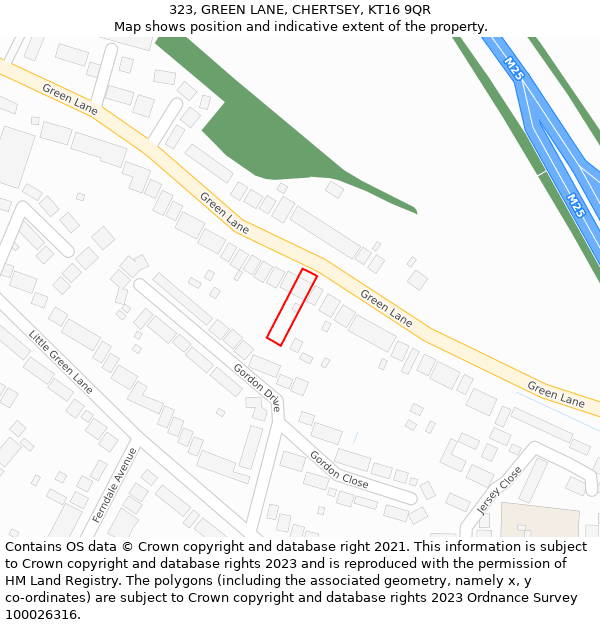 323, GREEN LANE, CHERTSEY, KT16 9QR: Location map and indicative extent of plot