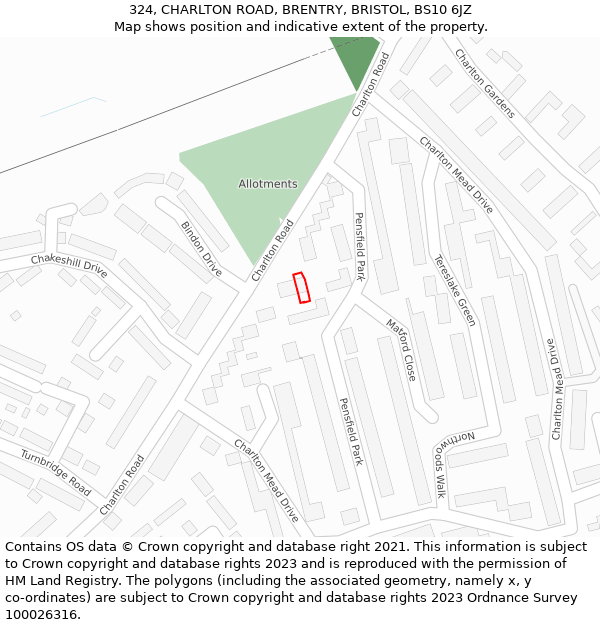 324, CHARLTON ROAD, BRENTRY, BRISTOL, BS10 6JZ: Location map and indicative extent of plot