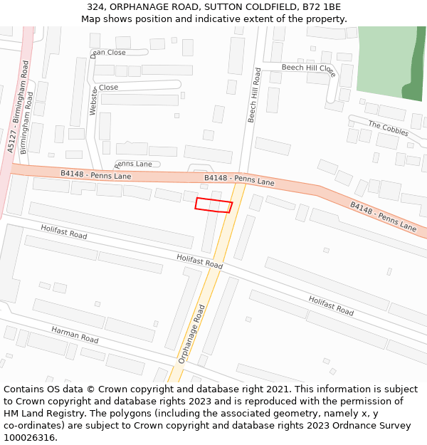 324, ORPHANAGE ROAD, SUTTON COLDFIELD, B72 1BE: Location map and indicative extent of plot