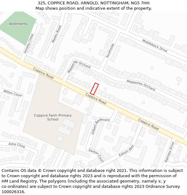 325, COPPICE ROAD, ARNOLD, NOTTINGHAM, NG5 7HH: Location map and indicative extent of plot