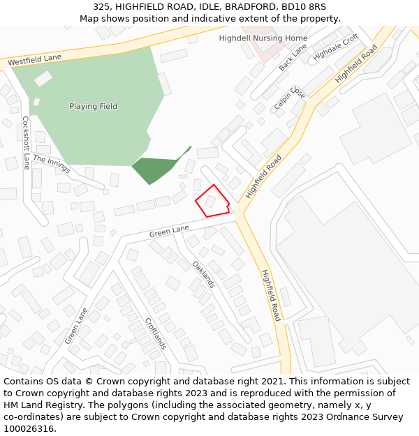 325, HIGHFIELD ROAD, IDLE, BRADFORD, BD10 8RS: Location map and indicative extent of plot