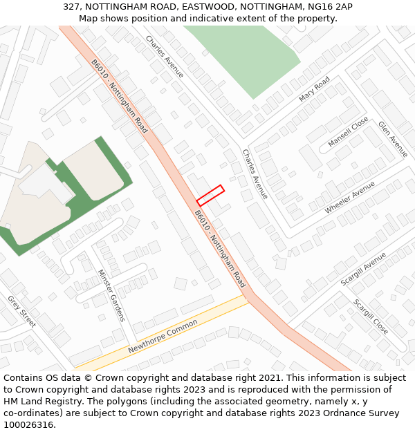 327, NOTTINGHAM ROAD, EASTWOOD, NOTTINGHAM, NG16 2AP: Location map and indicative extent of plot