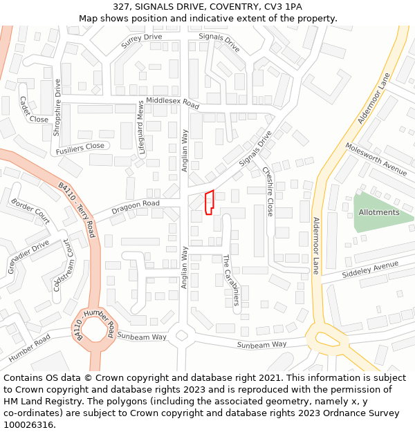 327, SIGNALS DRIVE, COVENTRY, CV3 1PA: Location map and indicative extent of plot