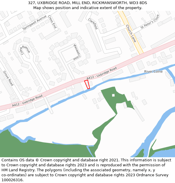 327, UXBRIDGE ROAD, MILL END, RICKMANSWORTH, WD3 8DS: Location map and indicative extent of plot