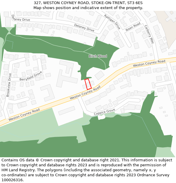 327, WESTON COYNEY ROAD, STOKE-ON-TRENT, ST3 6ES: Location map and indicative extent of plot