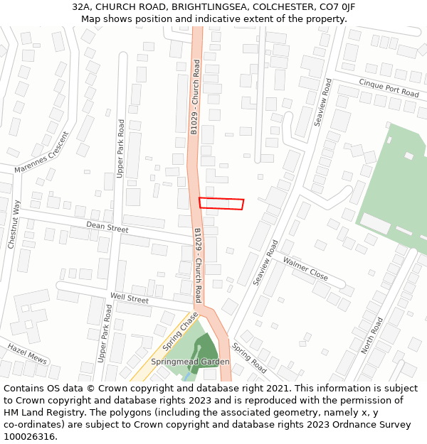 32A, CHURCH ROAD, BRIGHTLINGSEA, COLCHESTER, CO7 0JF: Location map and indicative extent of plot