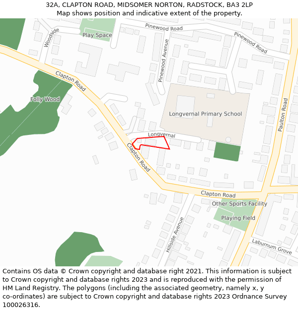 32A, CLAPTON ROAD, MIDSOMER NORTON, RADSTOCK, BA3 2LP: Location map and indicative extent of plot