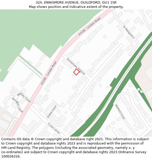 32A, ENNISMORE AVENUE, GUILDFORD, GU1 1SR: Location map and indicative extent of plot