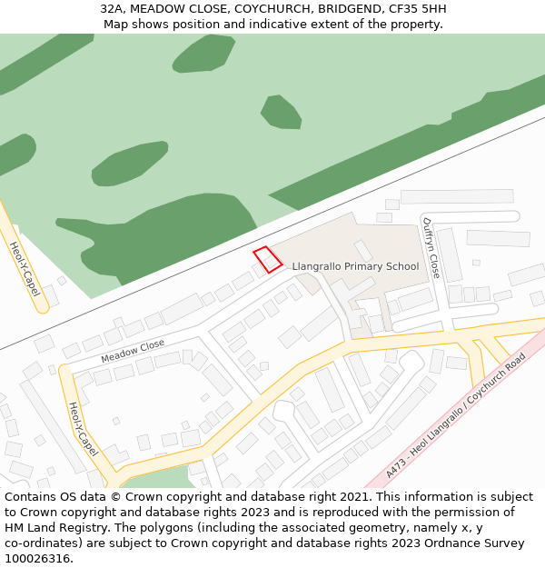 32A, MEADOW CLOSE, COYCHURCH, BRIDGEND, CF35 5HH: Location map and indicative extent of plot