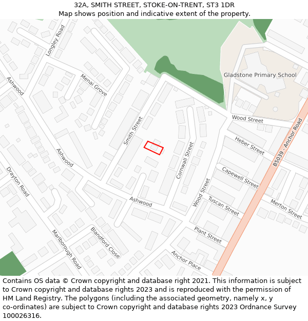32A, SMITH STREET, STOKE-ON-TRENT, ST3 1DR: Location map and indicative extent of plot