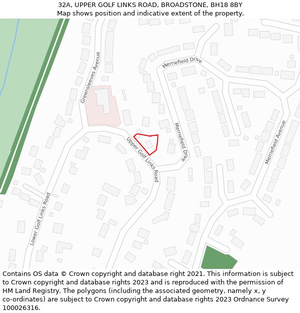 32A, UPPER GOLF LINKS ROAD, BROADSTONE, BH18 8BY: Location map and indicative extent of plot