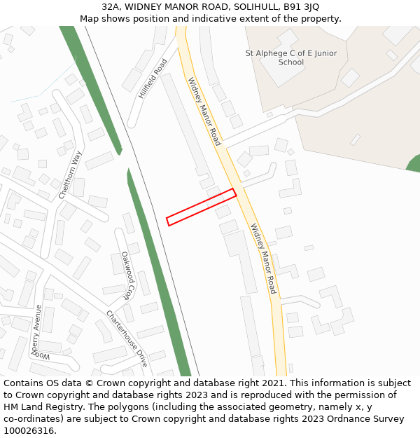 32A, WIDNEY MANOR ROAD, SOLIHULL, B91 3JQ: Location map and indicative extent of plot