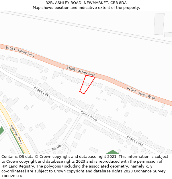 32B, ASHLEY ROAD, NEWMARKET, CB8 8DA: Location map and indicative extent of plot