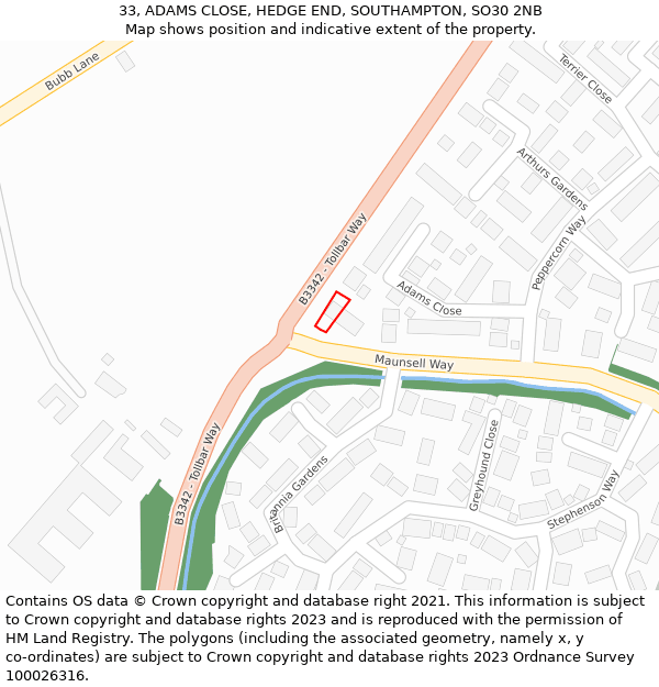 33, ADAMS CLOSE, HEDGE END, SOUTHAMPTON, SO30 2NB: Location map and indicative extent of plot