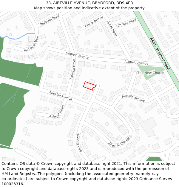 33, AIREVILLE AVENUE, BRADFORD, BD9 4ER: Location map and indicative extent of plot