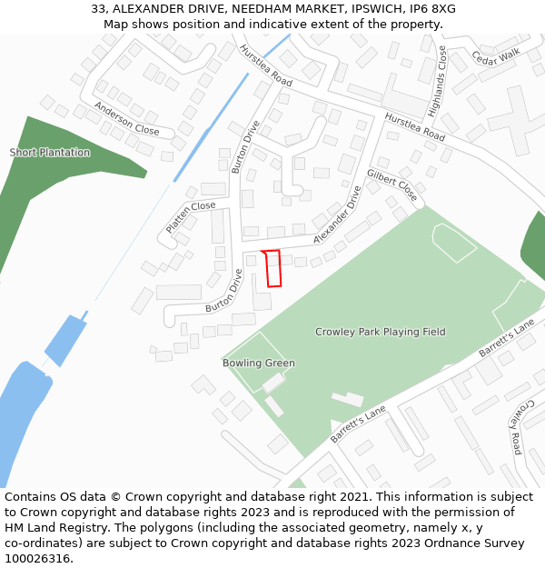 33, ALEXANDER DRIVE, NEEDHAM MARKET, IPSWICH, IP6 8XG: Location map and indicative extent of plot