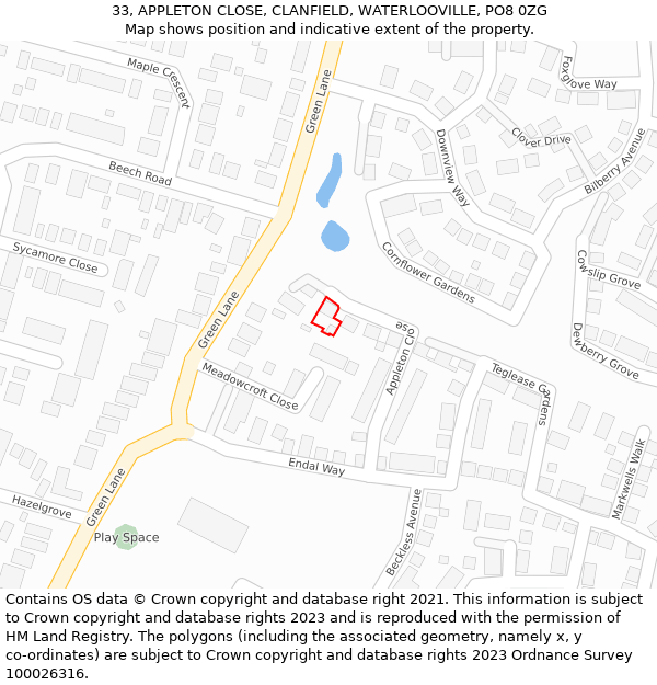 33, APPLETON CLOSE, CLANFIELD, WATERLOOVILLE, PO8 0ZG: Location map and indicative extent of plot