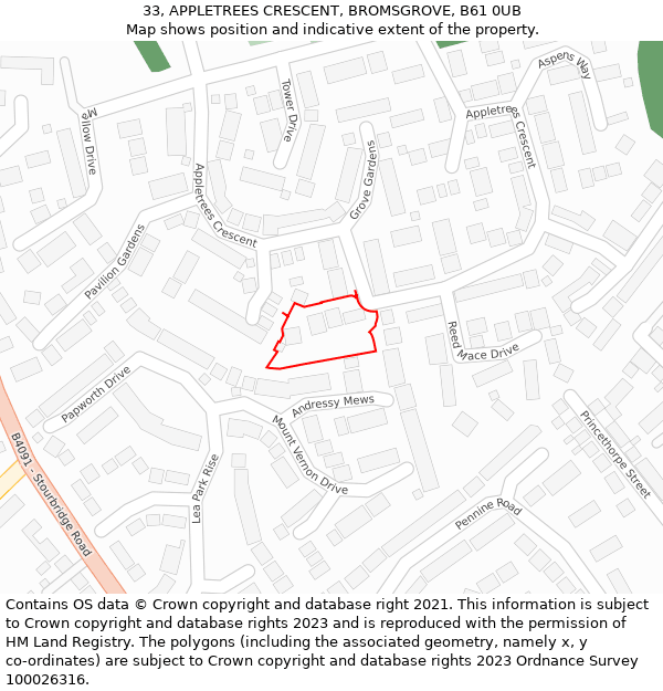 33, APPLETREES CRESCENT, BROMSGROVE, B61 0UB: Location map and indicative extent of plot