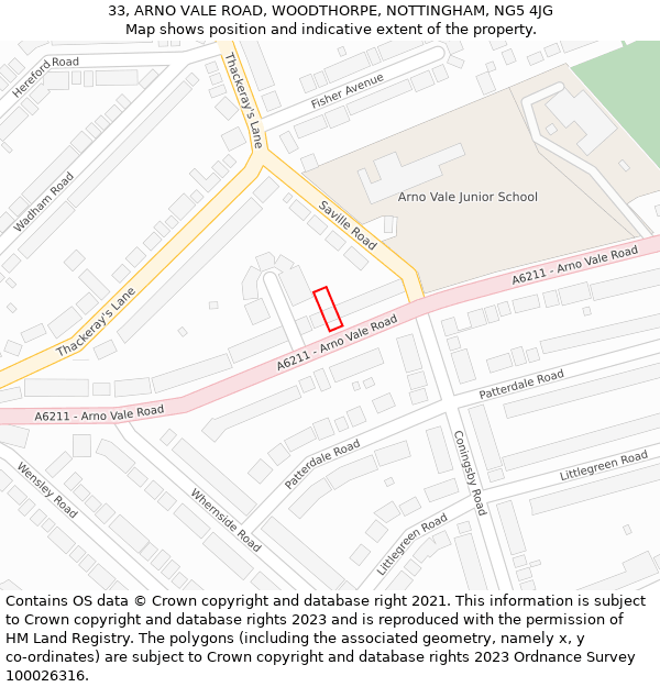 33, ARNO VALE ROAD, WOODTHORPE, NOTTINGHAM, NG5 4JG: Location map and indicative extent of plot