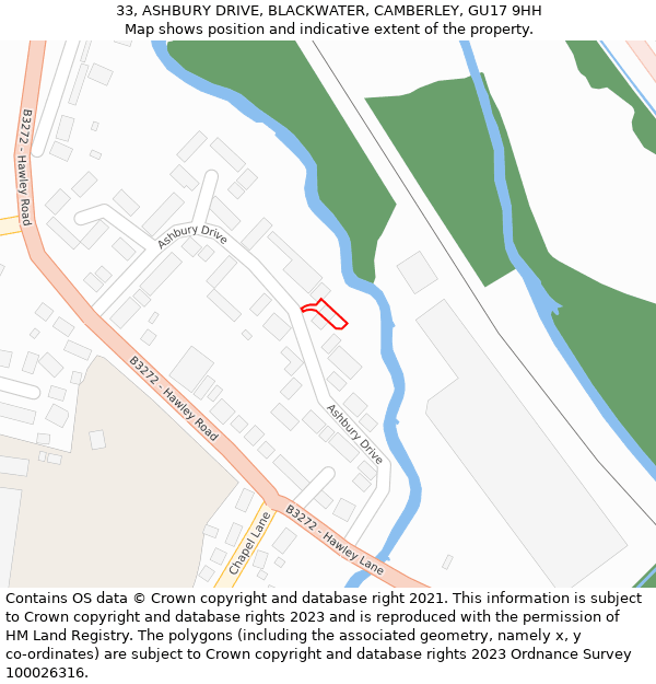 33, ASHBURY DRIVE, BLACKWATER, CAMBERLEY, GU17 9HH: Location map and indicative extent of plot