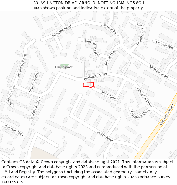 33, ASHINGTON DRIVE, ARNOLD, NOTTINGHAM, NG5 8GH: Location map and indicative extent of plot