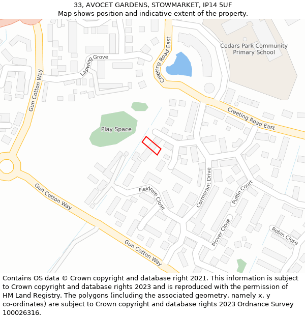 33, AVOCET GARDENS, STOWMARKET, IP14 5UF: Location map and indicative extent of plot