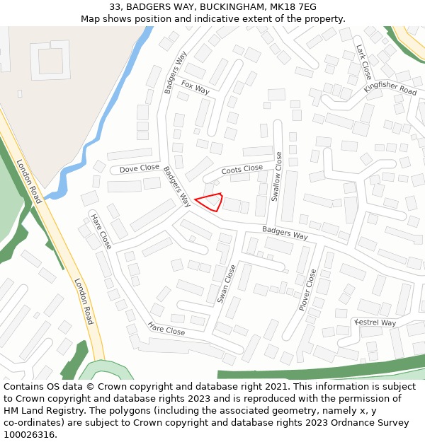 33, BADGERS WAY, BUCKINGHAM, MK18 7EG: Location map and indicative extent of plot