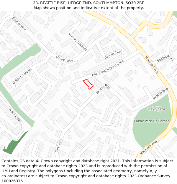 33, BEATTIE RISE, HEDGE END, SOUTHAMPTON, SO30 2RF: Location map and indicative extent of plot