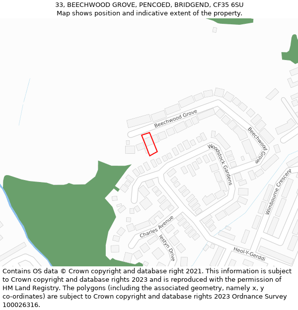33, BEECHWOOD GROVE, PENCOED, BRIDGEND, CF35 6SU: Location map and indicative extent of plot