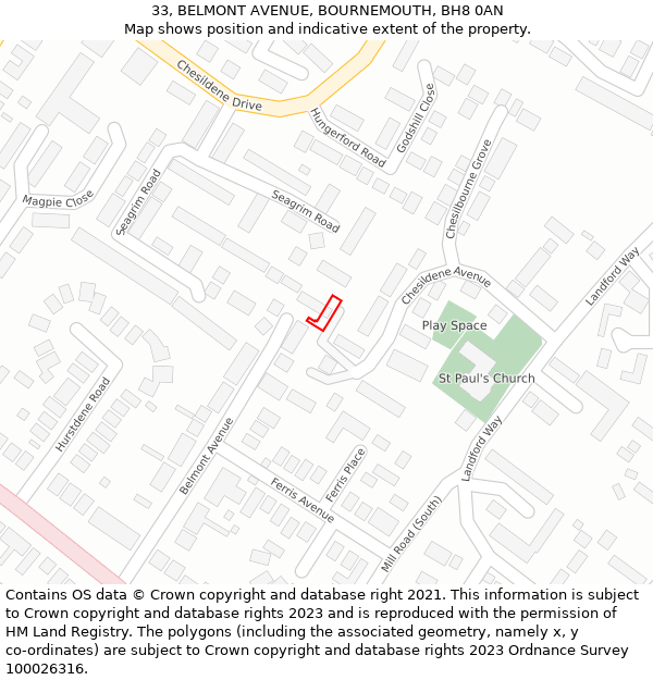 33, BELMONT AVENUE, BOURNEMOUTH, BH8 0AN: Location map and indicative extent of plot
