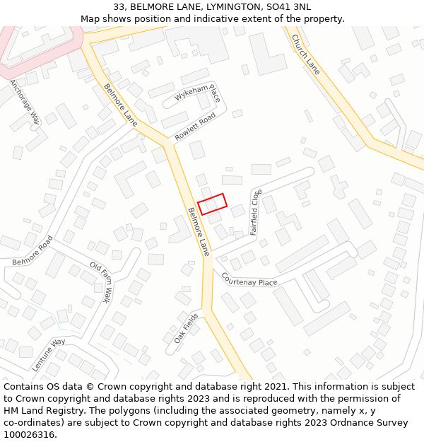 33, BELMORE LANE, LYMINGTON, SO41 3NL: Location map and indicative extent of plot