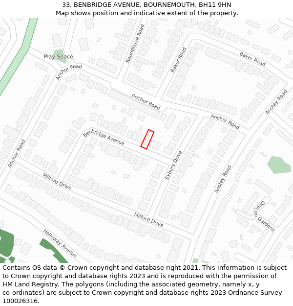 33, BENBRIDGE AVENUE, BOURNEMOUTH, BH11 9HN: Location map and indicative extent of plot