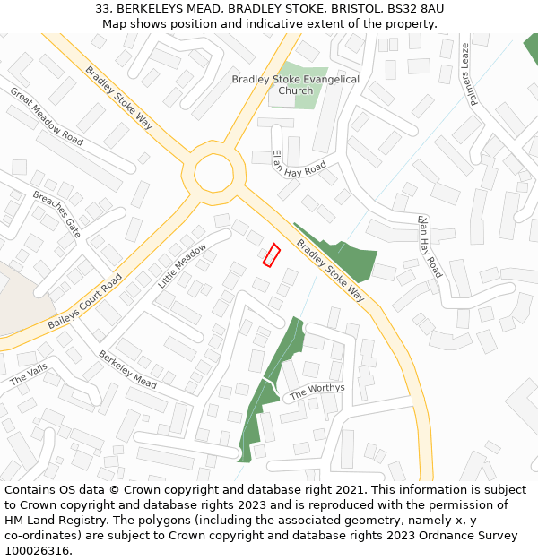 33, BERKELEYS MEAD, BRADLEY STOKE, BRISTOL, BS32 8AU: Location map and indicative extent of plot