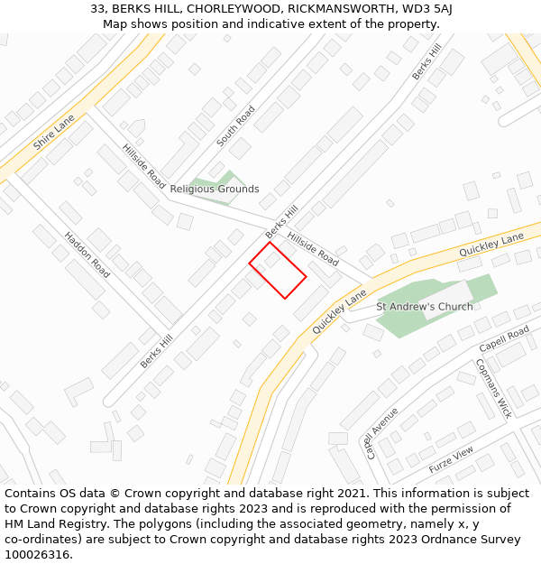 33, BERKS HILL, CHORLEYWOOD, RICKMANSWORTH, WD3 5AJ: Location map and indicative extent of plot