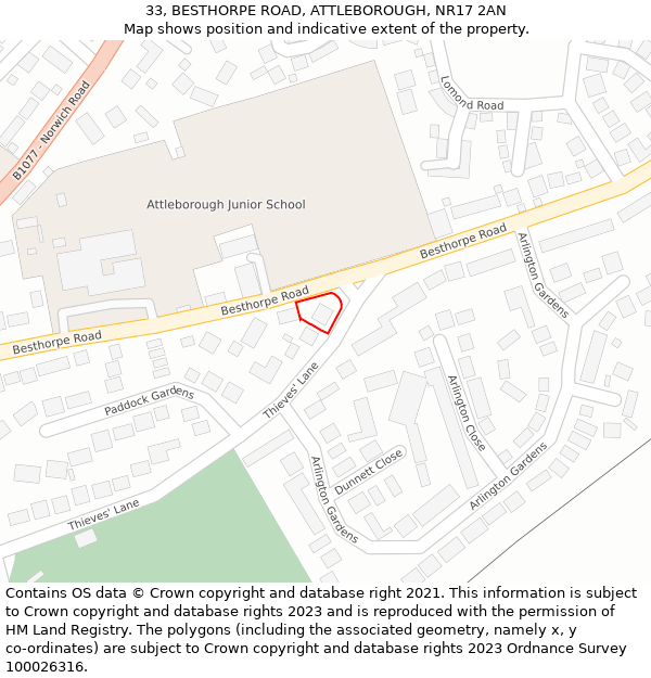 33, BESTHORPE ROAD, ATTLEBOROUGH, NR17 2AN: Location map and indicative extent of plot