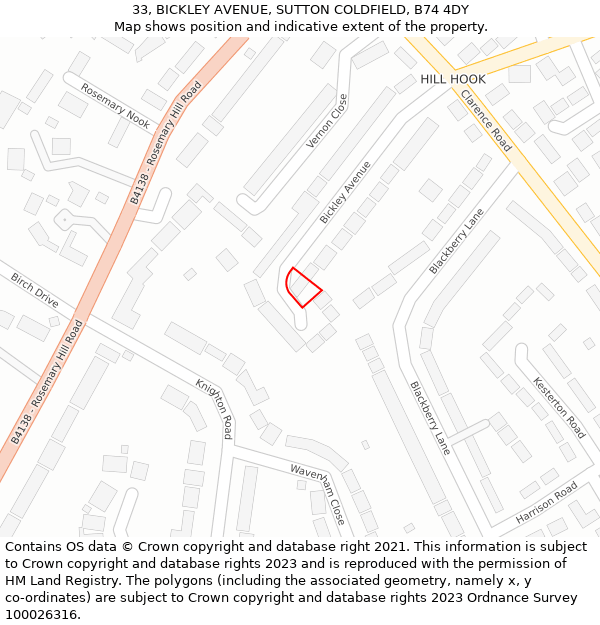 33, BICKLEY AVENUE, SUTTON COLDFIELD, B74 4DY: Location map and indicative extent of plot