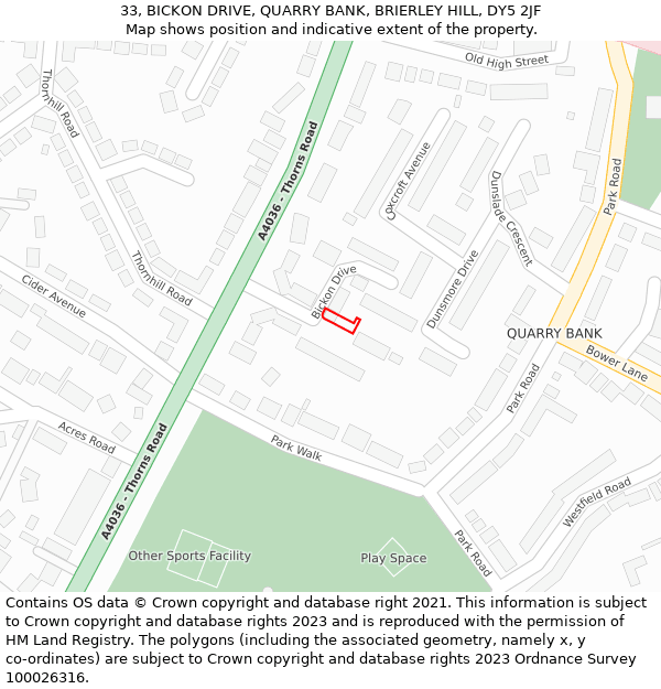 33, BICKON DRIVE, QUARRY BANK, BRIERLEY HILL, DY5 2JF: Location map and indicative extent of plot