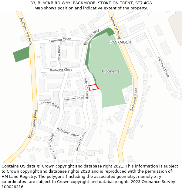 33, BLACKBIRD WAY, PACKMOOR, STOKE-ON-TRENT, ST7 4GA: Location map and indicative extent of plot