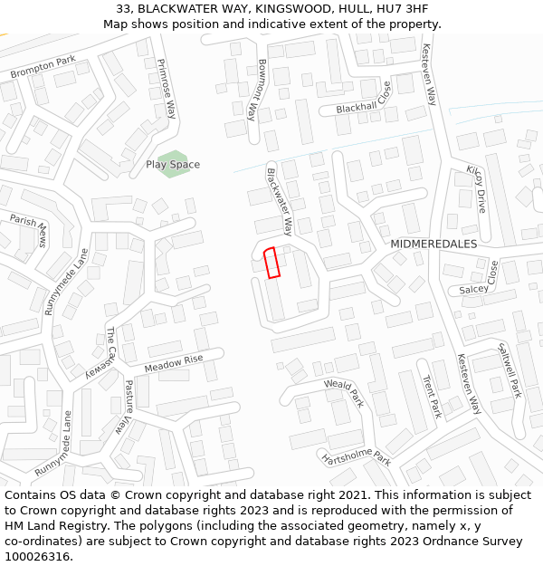 33, BLACKWATER WAY, KINGSWOOD, HULL, HU7 3HF: Location map and indicative extent of plot