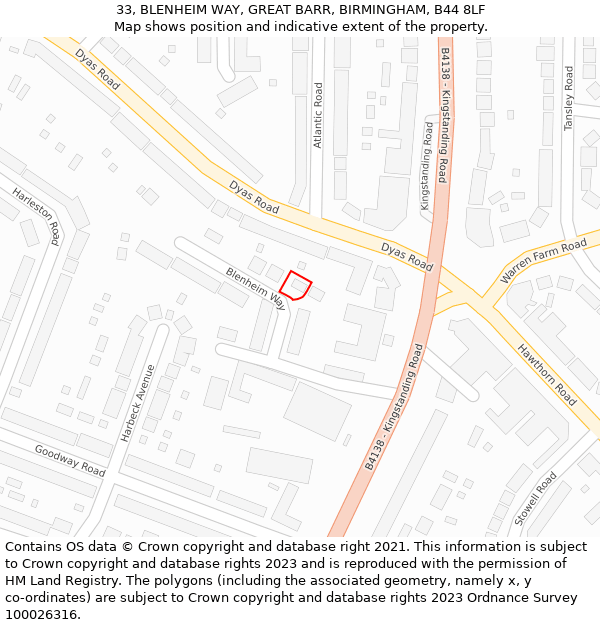 33, BLENHEIM WAY, GREAT BARR, BIRMINGHAM, B44 8LF: Location map and indicative extent of plot