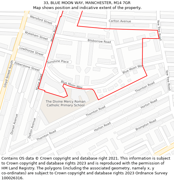 33, BLUE MOON WAY, MANCHESTER, M14 7GR: Location map and indicative extent of plot